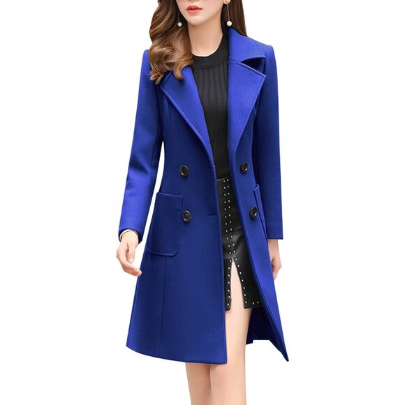 Women's Dark Blue Elegant Notched Collar Double Breasted Wool Blend Over Coat - Picture 1 of 1